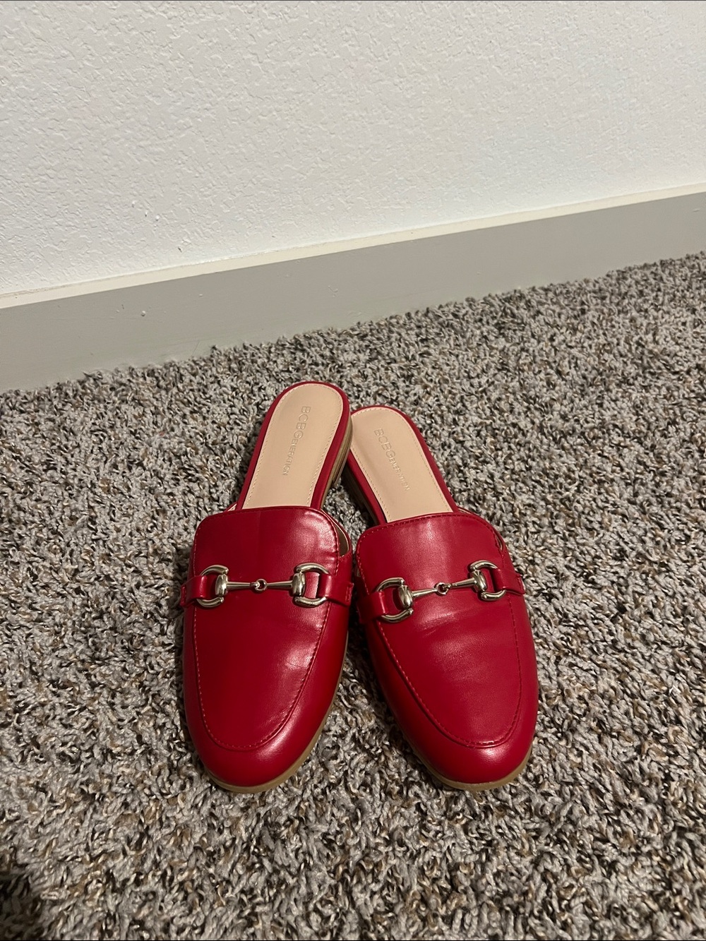 BCBG Red Leather Slide Loafers with Horsebit Detail